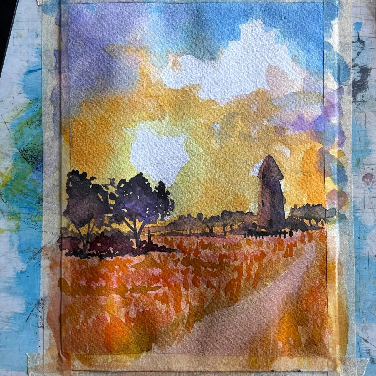 peindre la texture d’un coucher de soleil à l’aquarelle