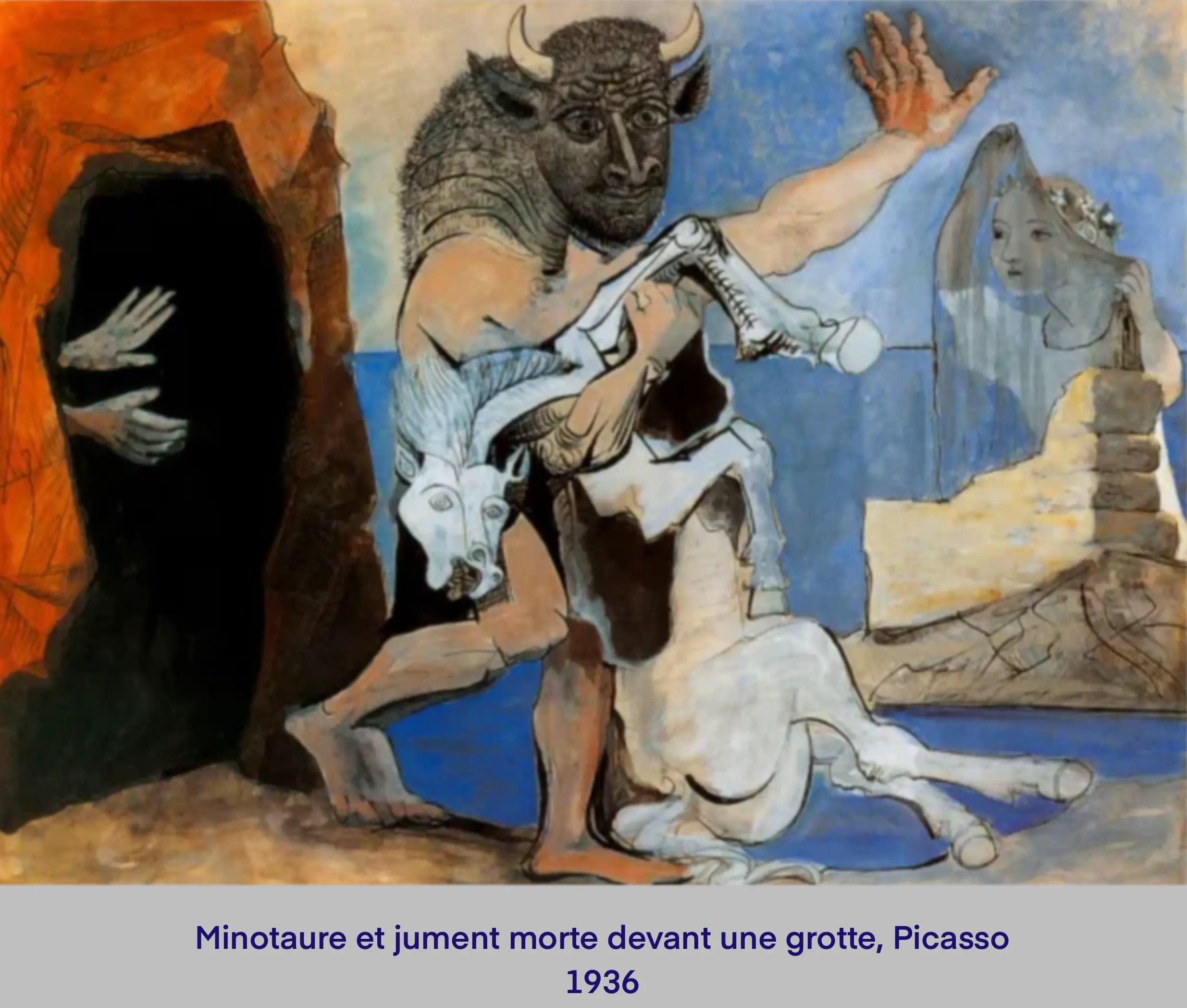 20ème, taureau et jument morte devant une grotte, Picasso