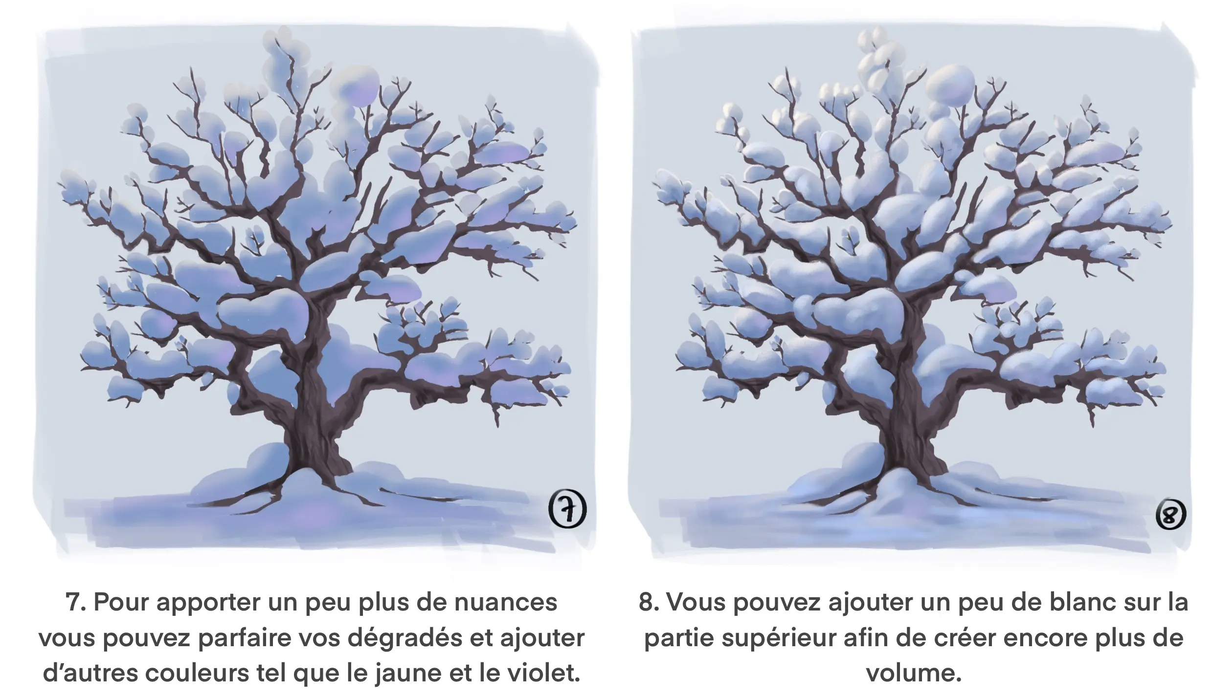dessin d’un arbre enneigé