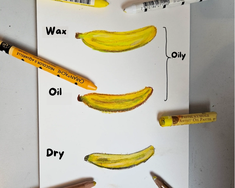 drawing of a banana in colors with dry and oil pastels