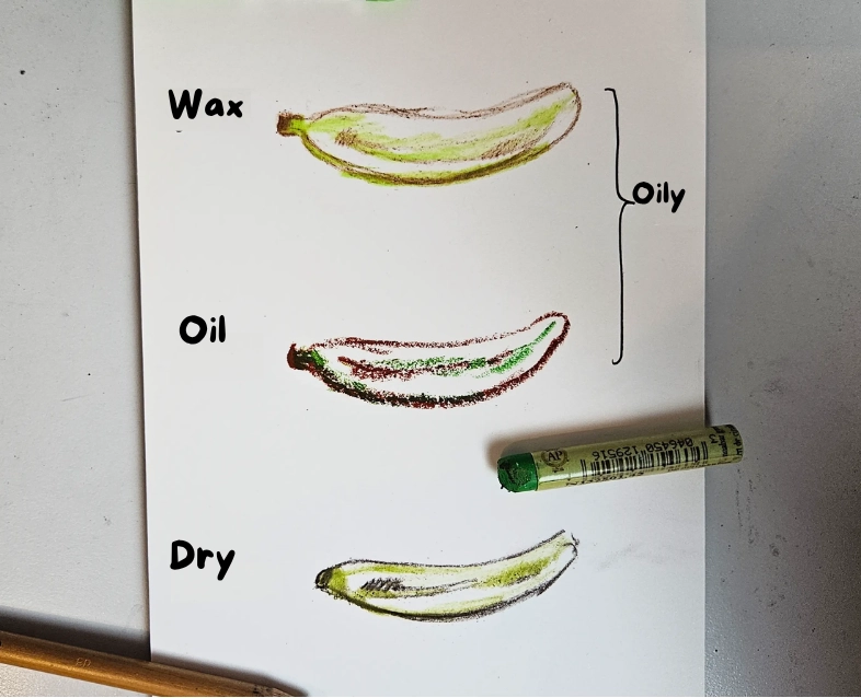 Comparative drawing of a banana with dry and oil pastels