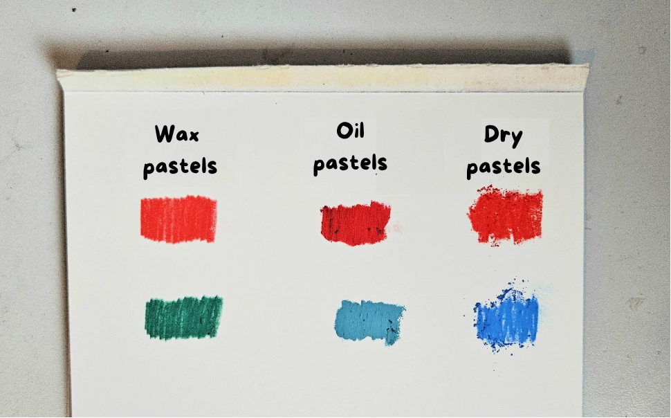 the differences between oil pastels, wax pastels, and dry pastels