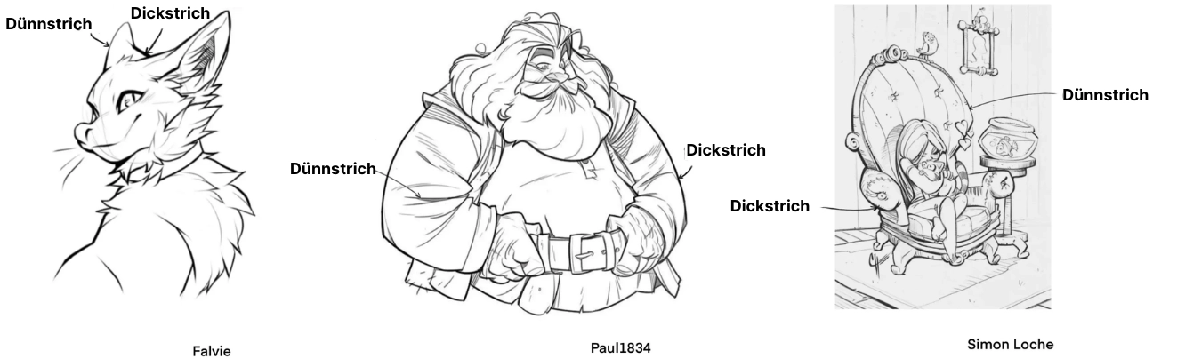 Beispiele für das Tuschen von Zeichnungen mit Strichstärken und Feinheiten