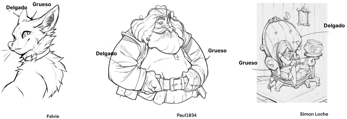 ejemplos de entintado de dibujos con trazos gruesos y finos