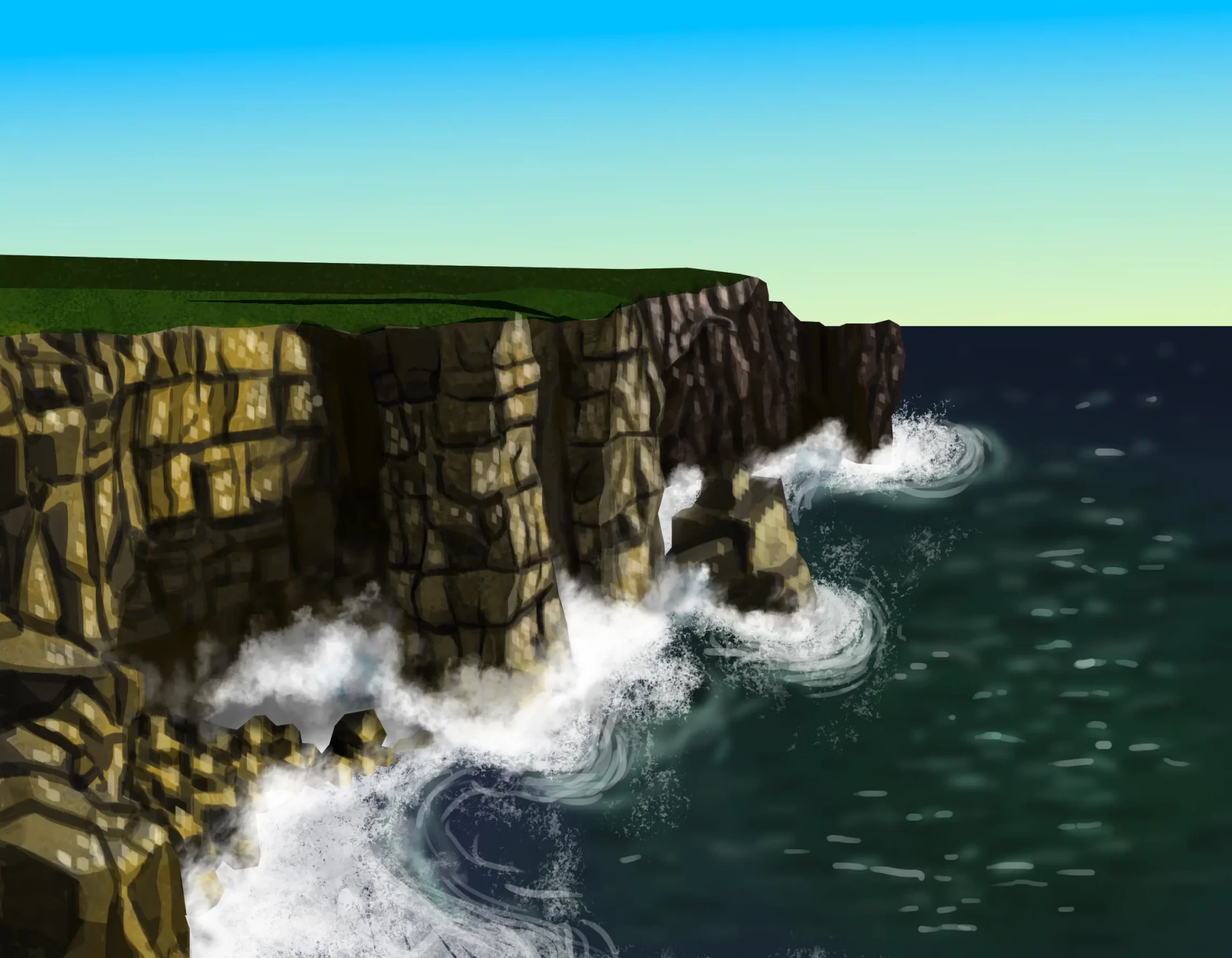 die Textur des Meeres unterhalb einer Klippe zeichnen