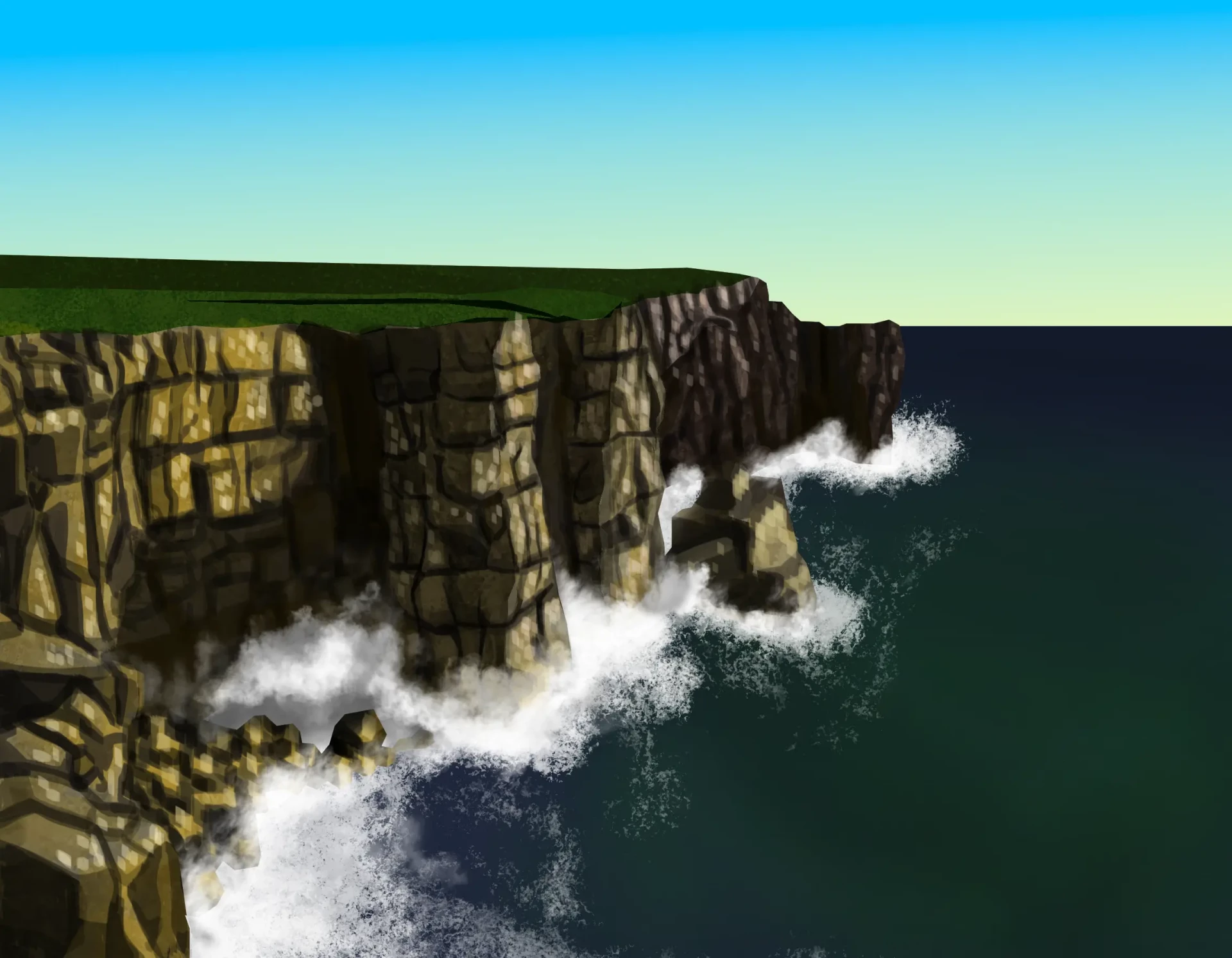 die Wellen zeichnen, die gegen eine Klippe brechen