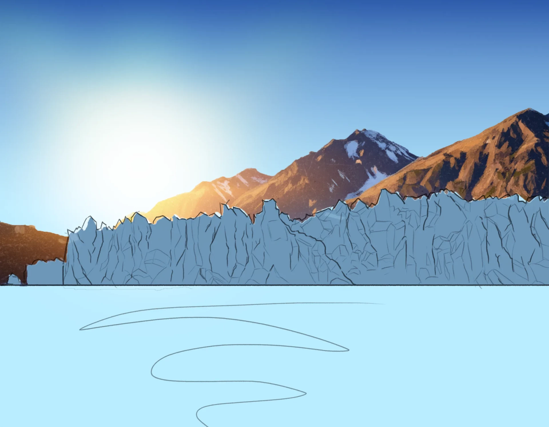dessiner la couleur des montagnes d’un glacier