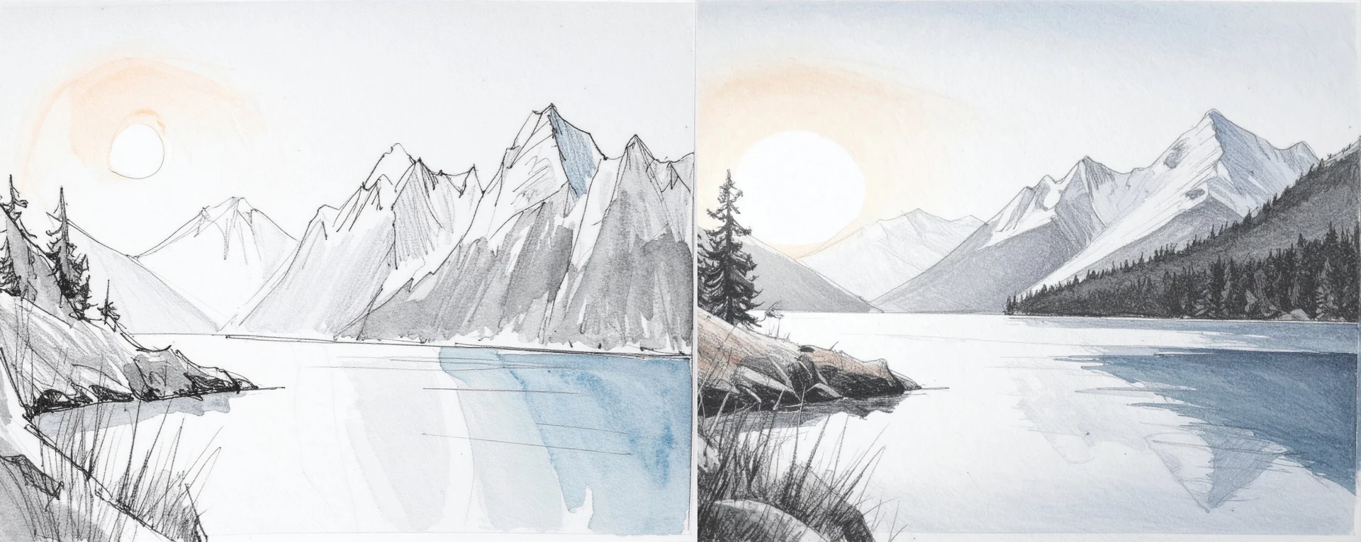 draw a sketch of a lake surrounded by mountains