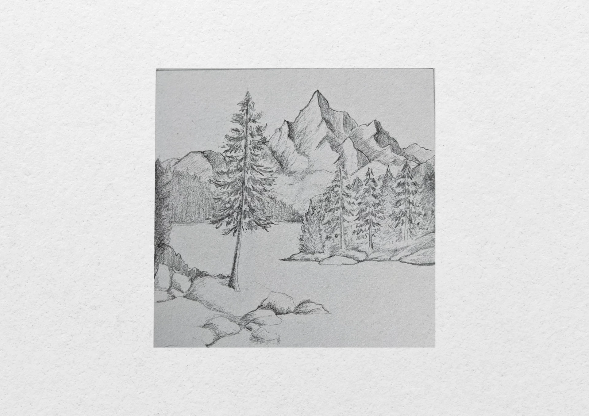 add contrast to the drawing of a lake surrounded by mountains
