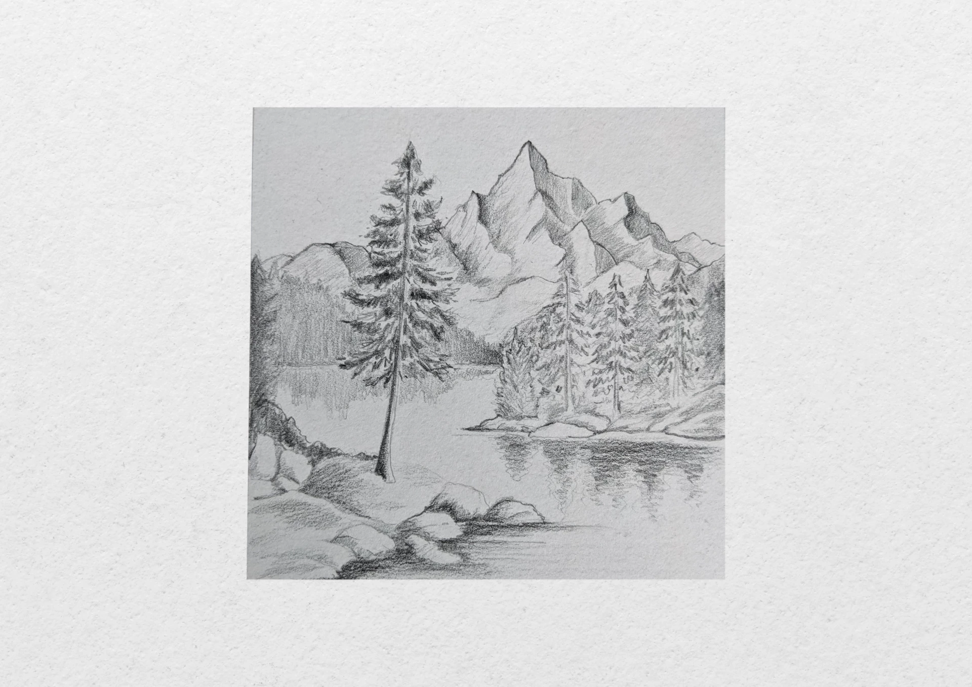 draw the details of a lake surrounded by mountains