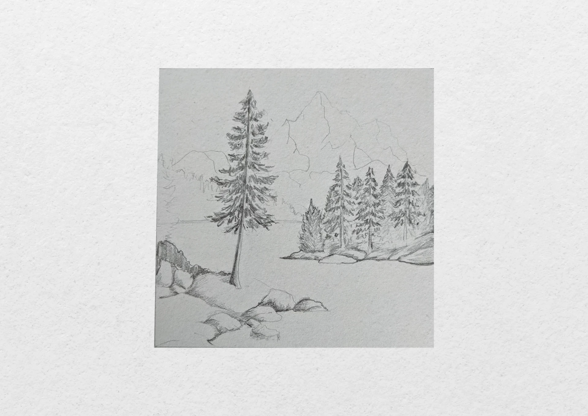 draw the shadows of a lake surrounded by mountains
