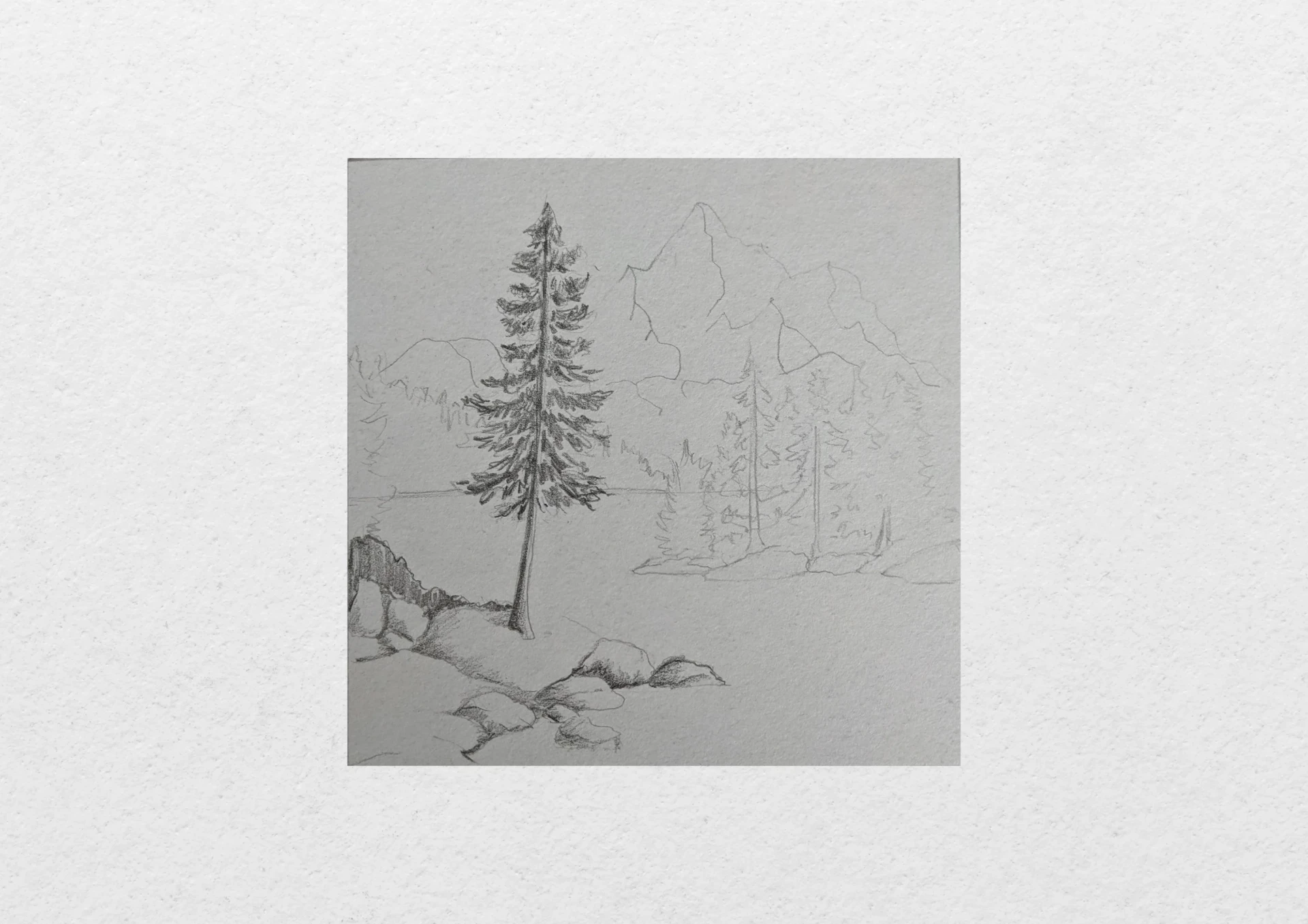 drawing shadows and lights of a lake surrounded by mountains
