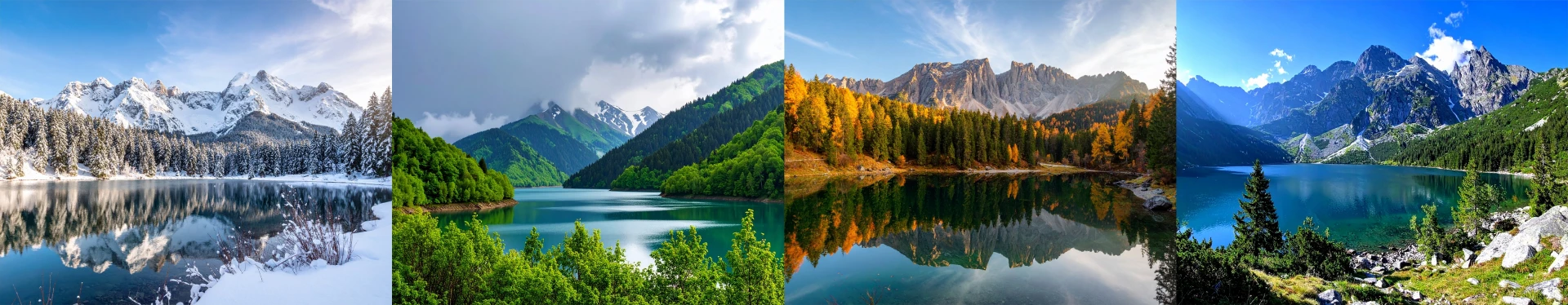 photos of lakes surrounded by mountains