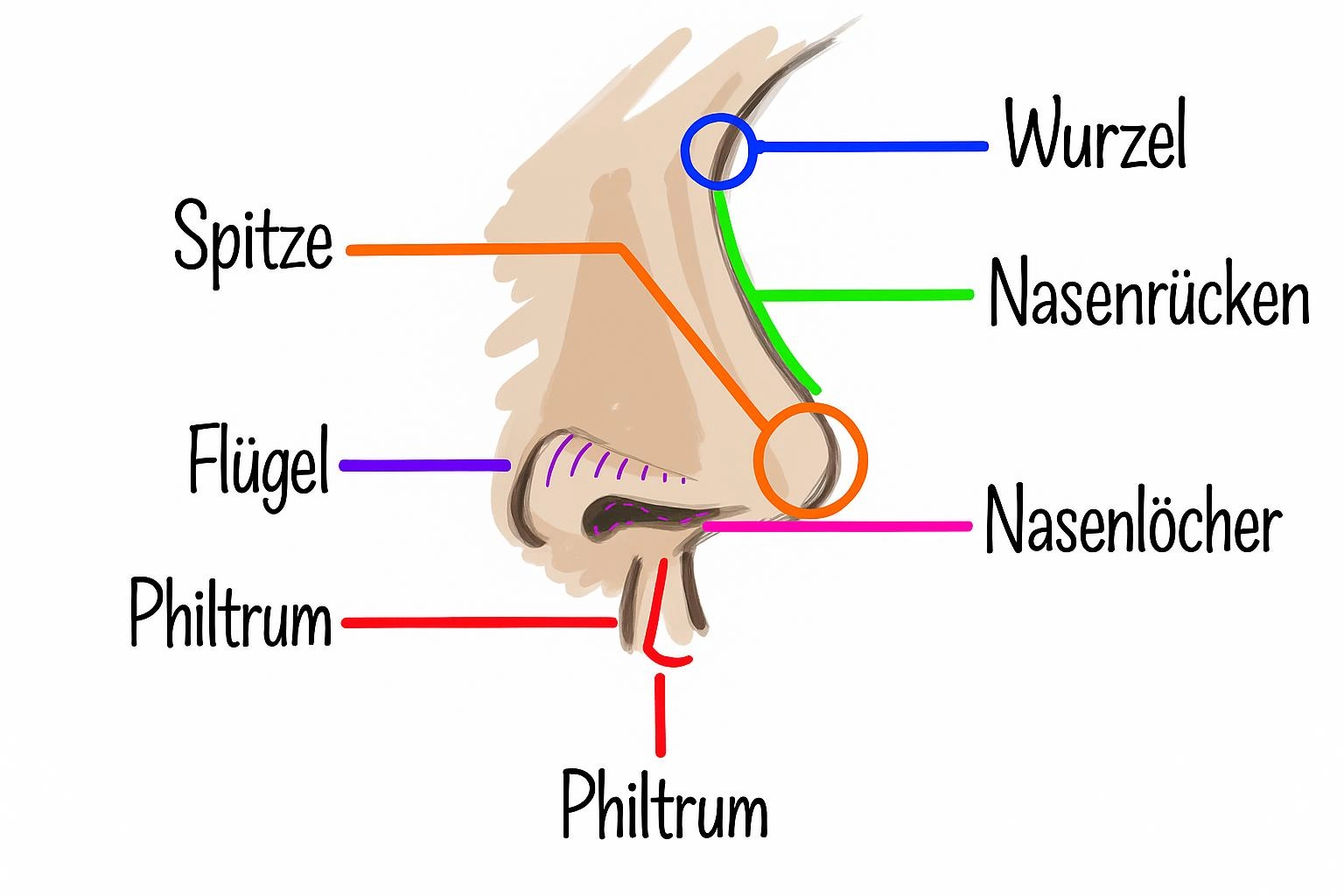 erklärende Zeichnung der verschiedenen Teile der Nase