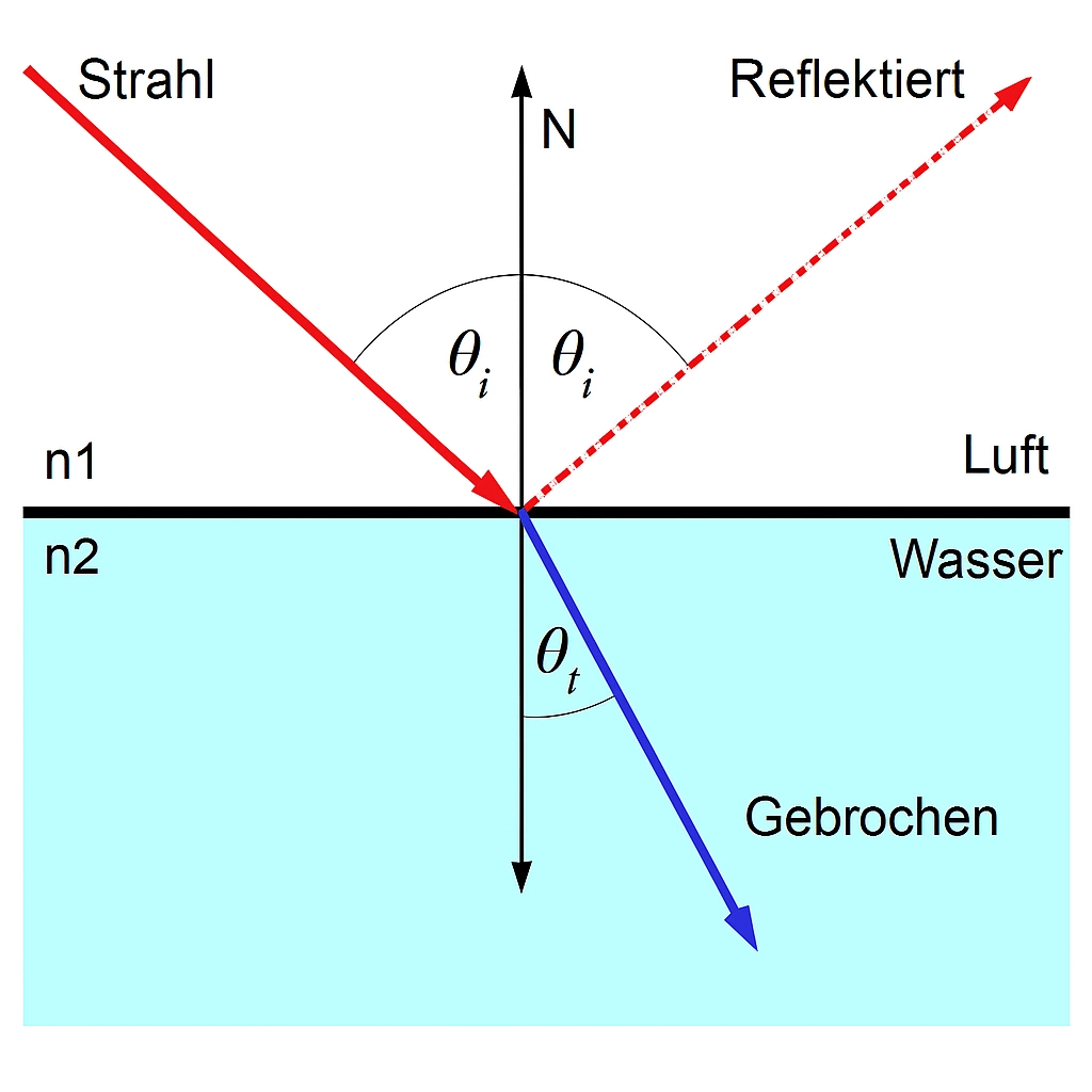 erklärendes Schema der Reflexion und Brechung des Lichts zum Zeichnen von Tränen