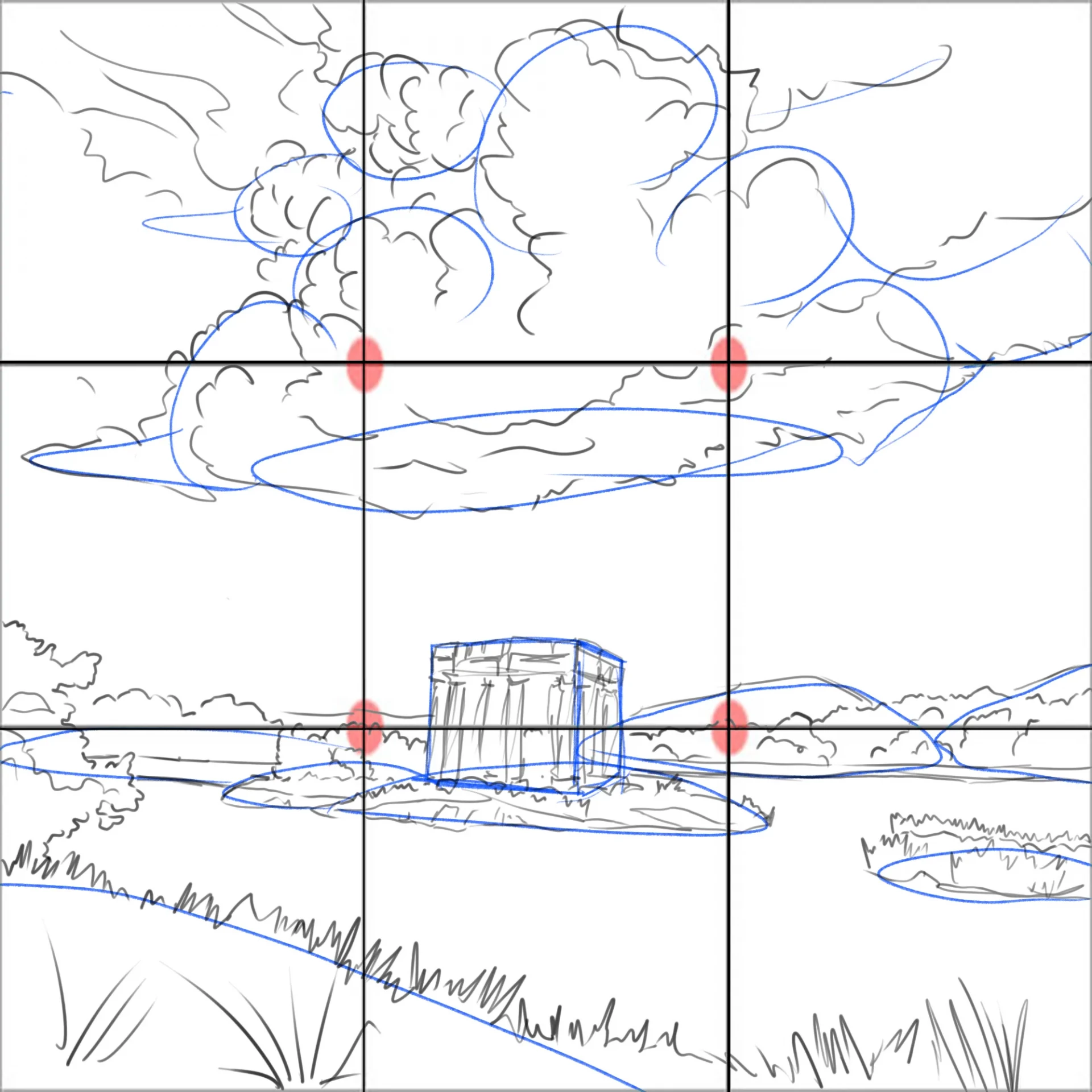 dessiner les détails du premier plan d’un paysage orageux