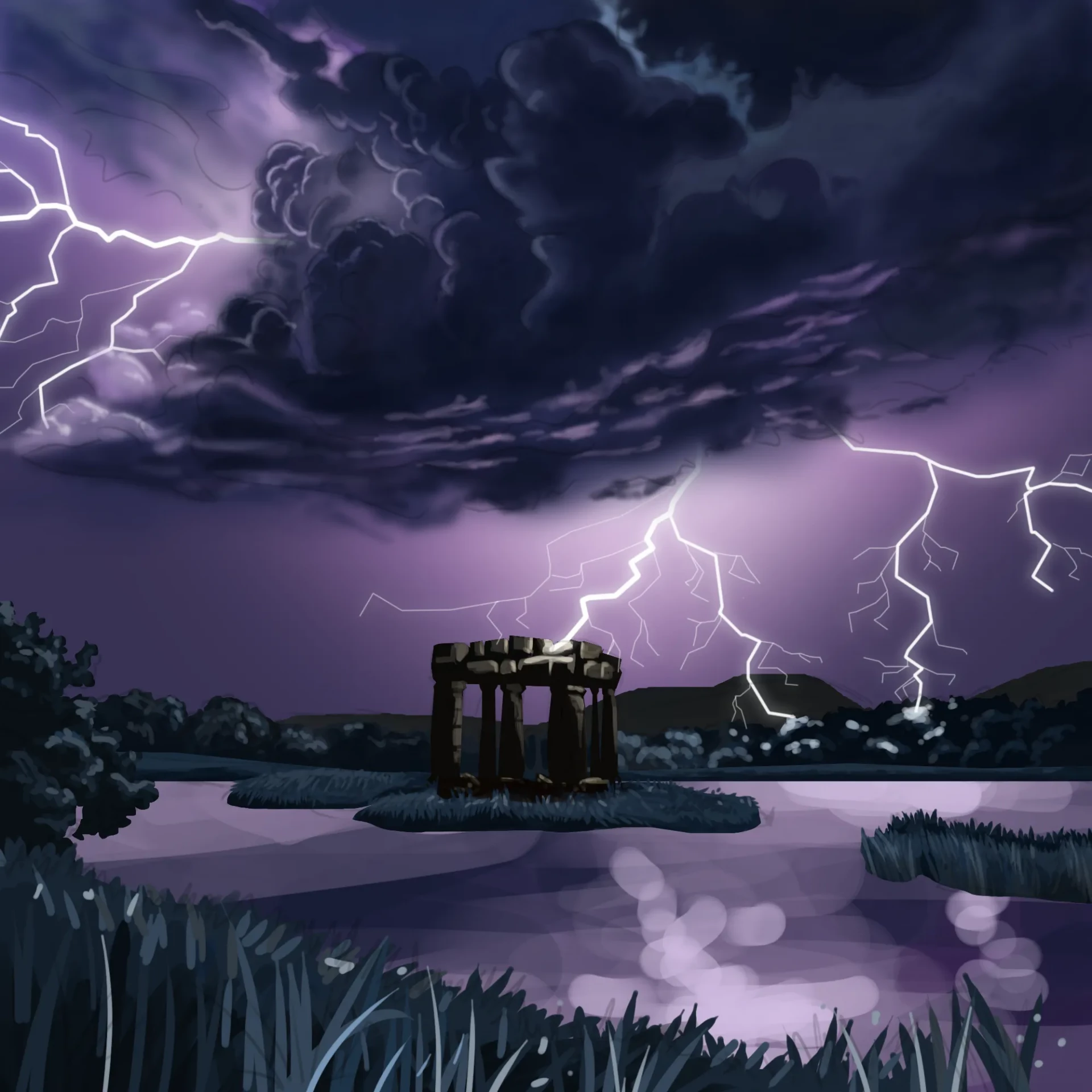 dessiner les reflets sur le lac d’un paysage orageux