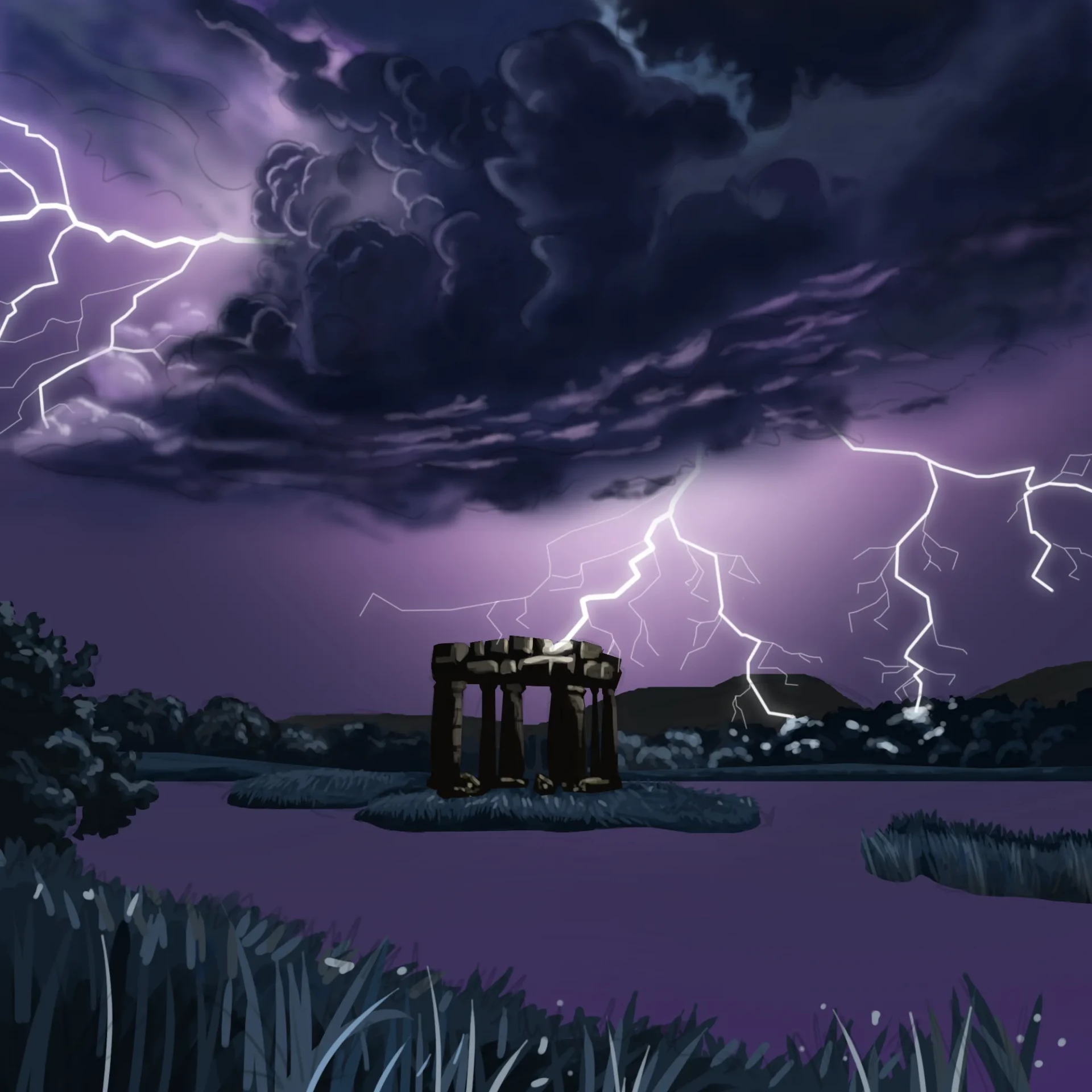 dessiner des ruines dans un paysage orageux