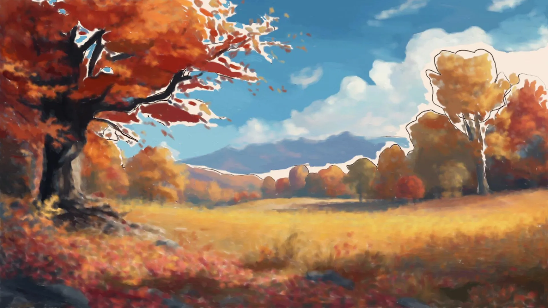dessiner les détails d’un paysage d’automne