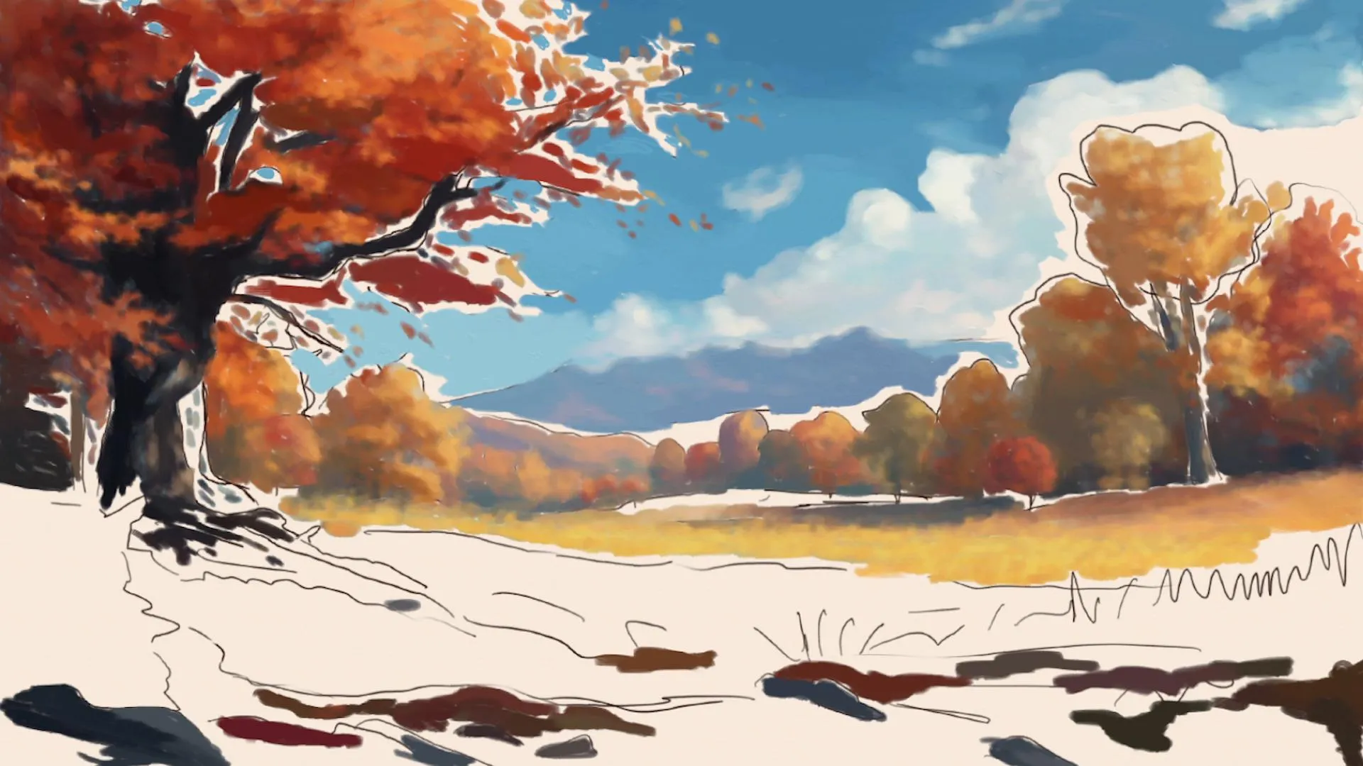 dessiner l’herbe d’un paysage d’automne