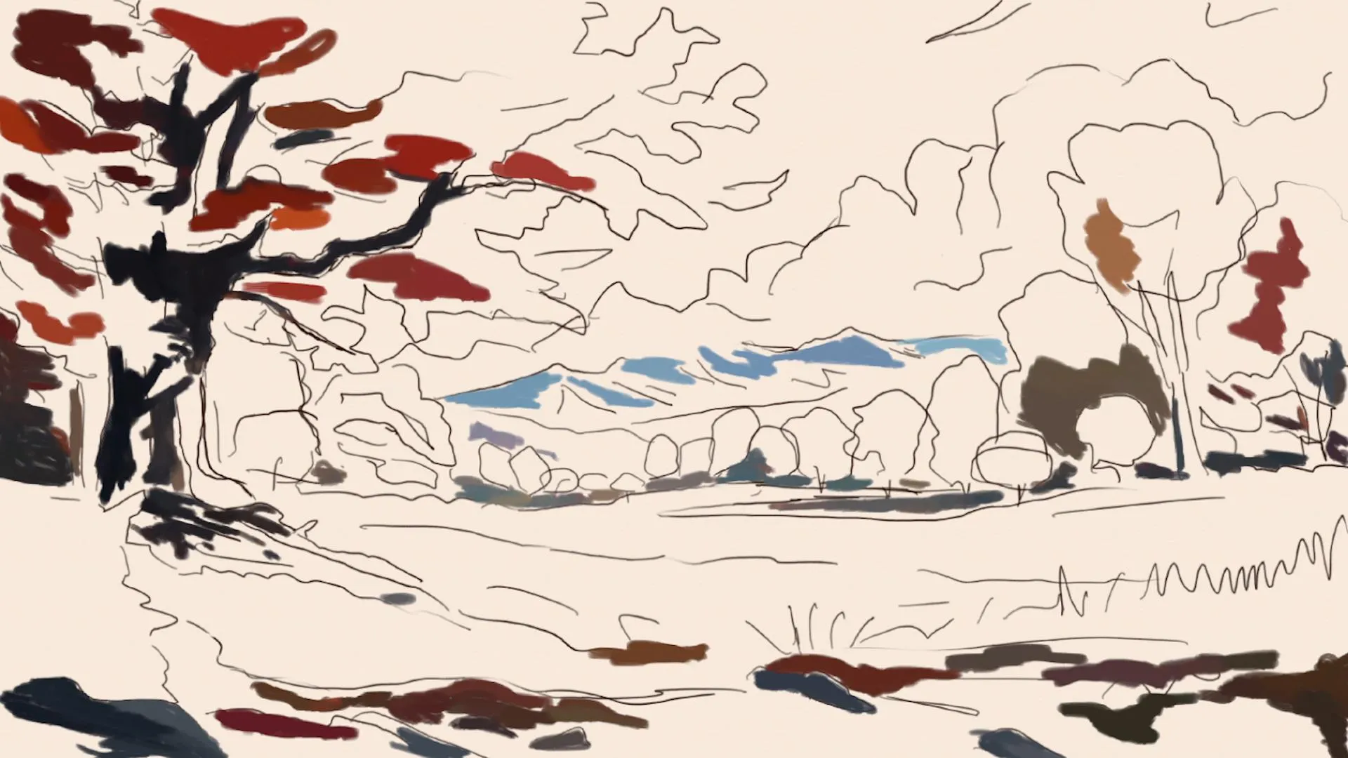 dessiner les montagnes d’un paysage d’automne