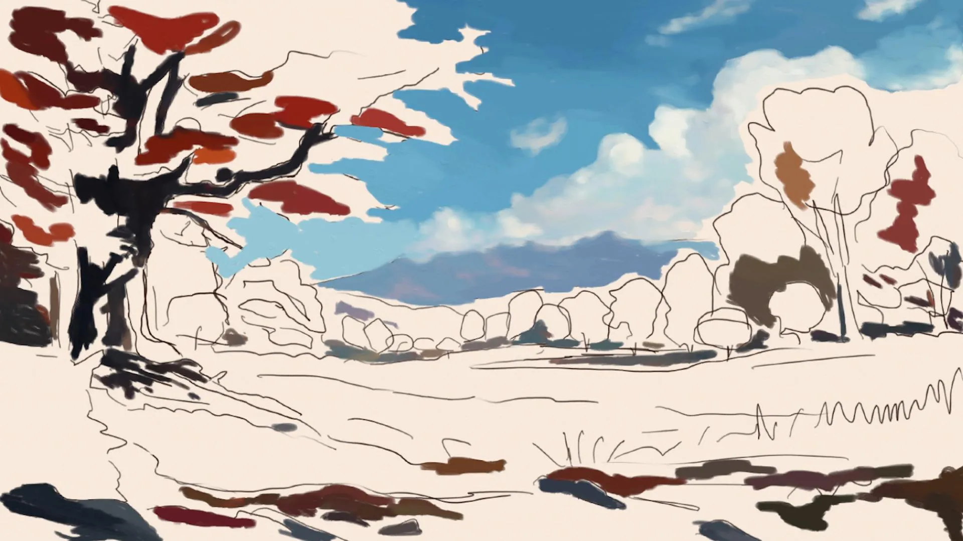 dessiner les nuages d’un paysage d’automne