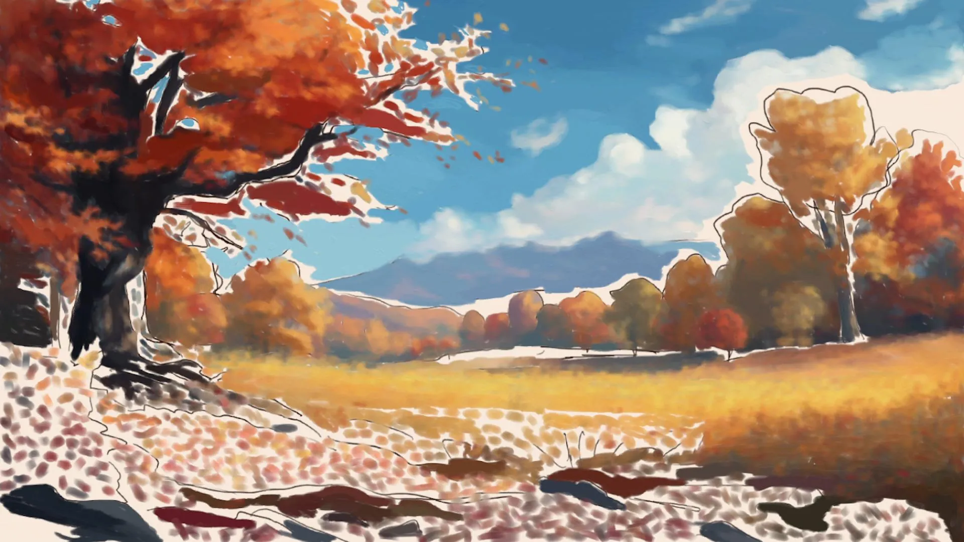 dessiner les ombres des feuilles dans un paysage d’automne