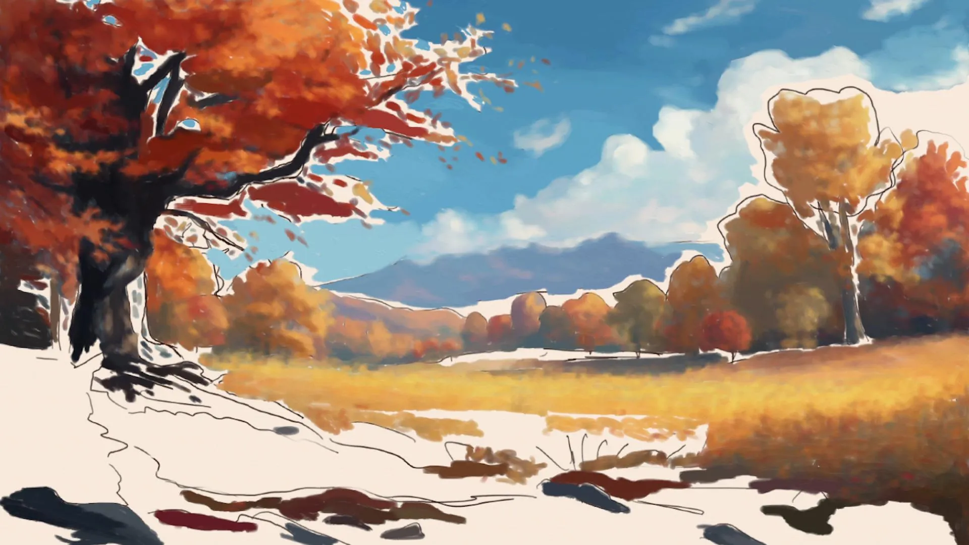dessiner le premier plan d’un paysage d’automne