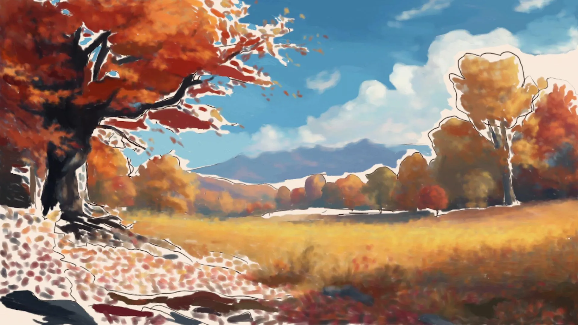 dessiner la végétation d’un paysage d’automne