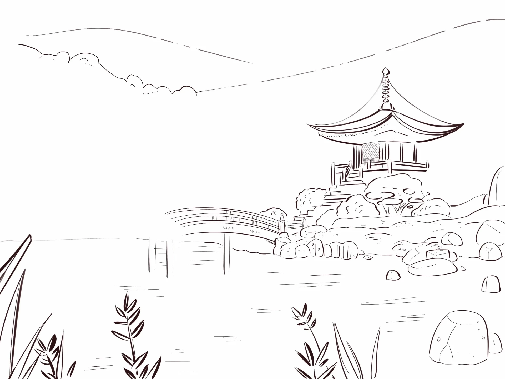 dessiner un pavillon dans un paysage japonais