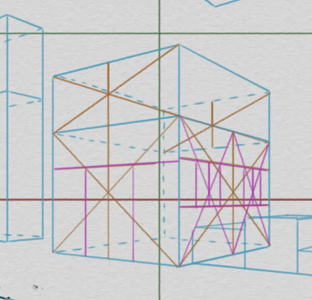draw the details of a house in a landscape in perspective