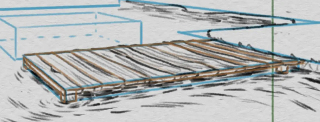 draw the details of a pontoon in a landscape in perspective