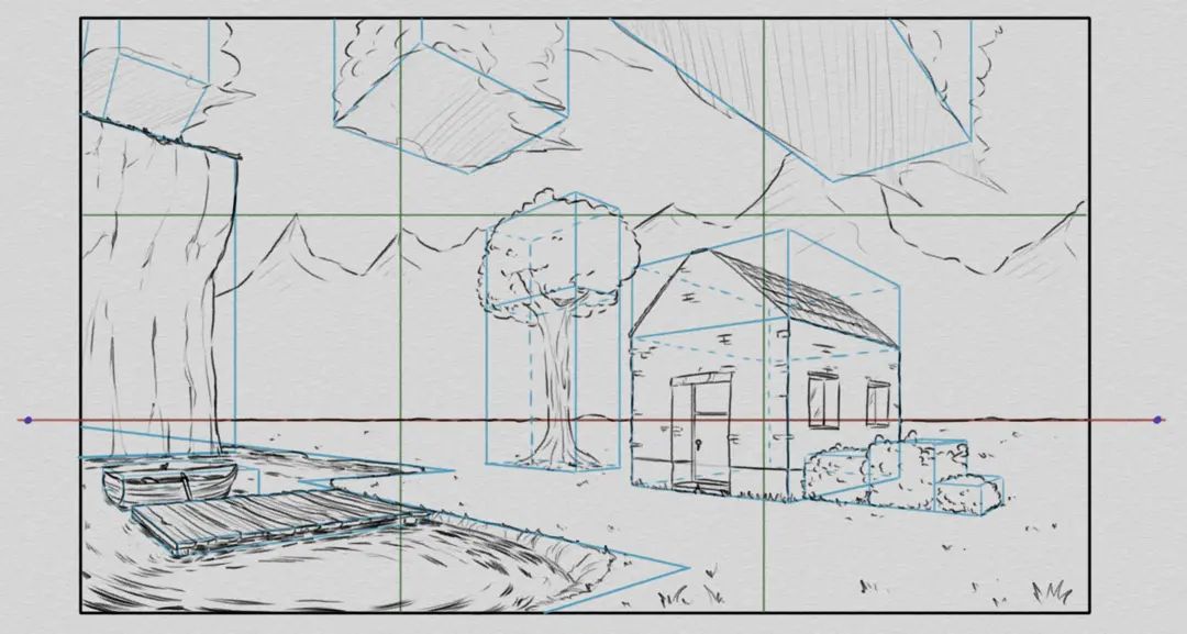 draw the mountains of a landscape in perspective