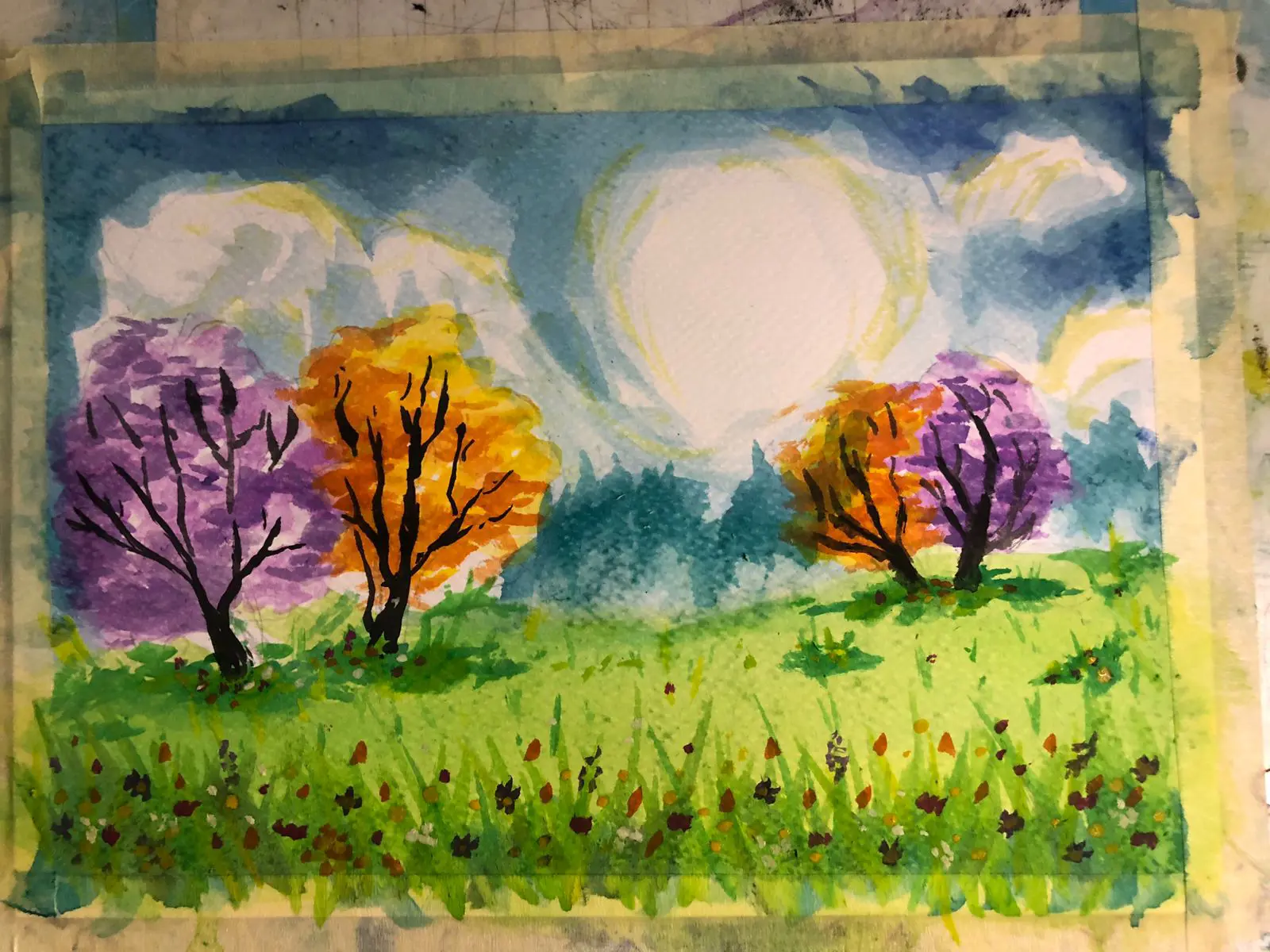 paint the flowers of a spring landscape in watercolor