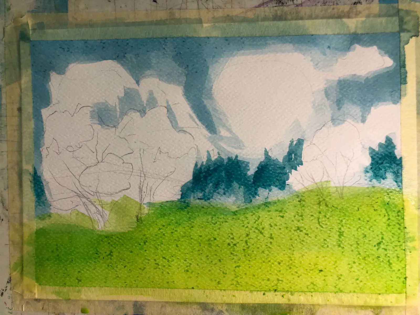 paint a forest in a spring landscape with watercolor