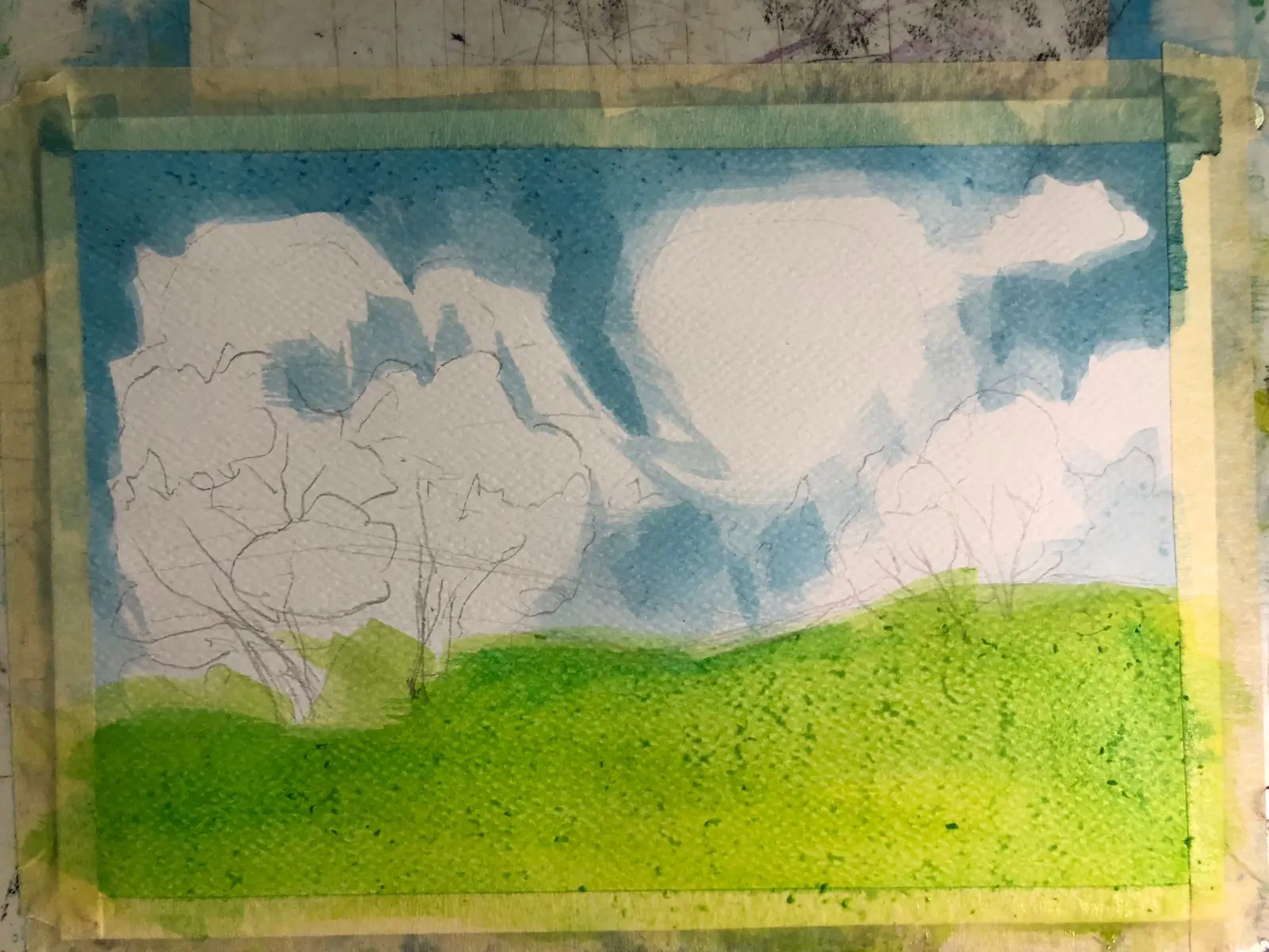 paint the grass of a spring landscape in watercolor