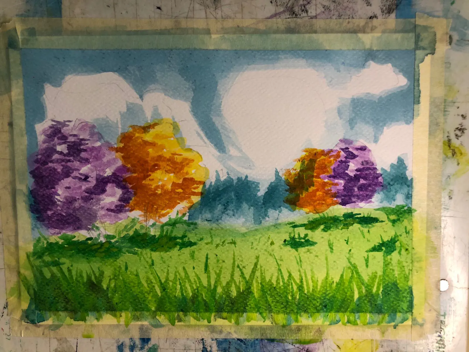 paint the shadows of a spring landscape in watercolor