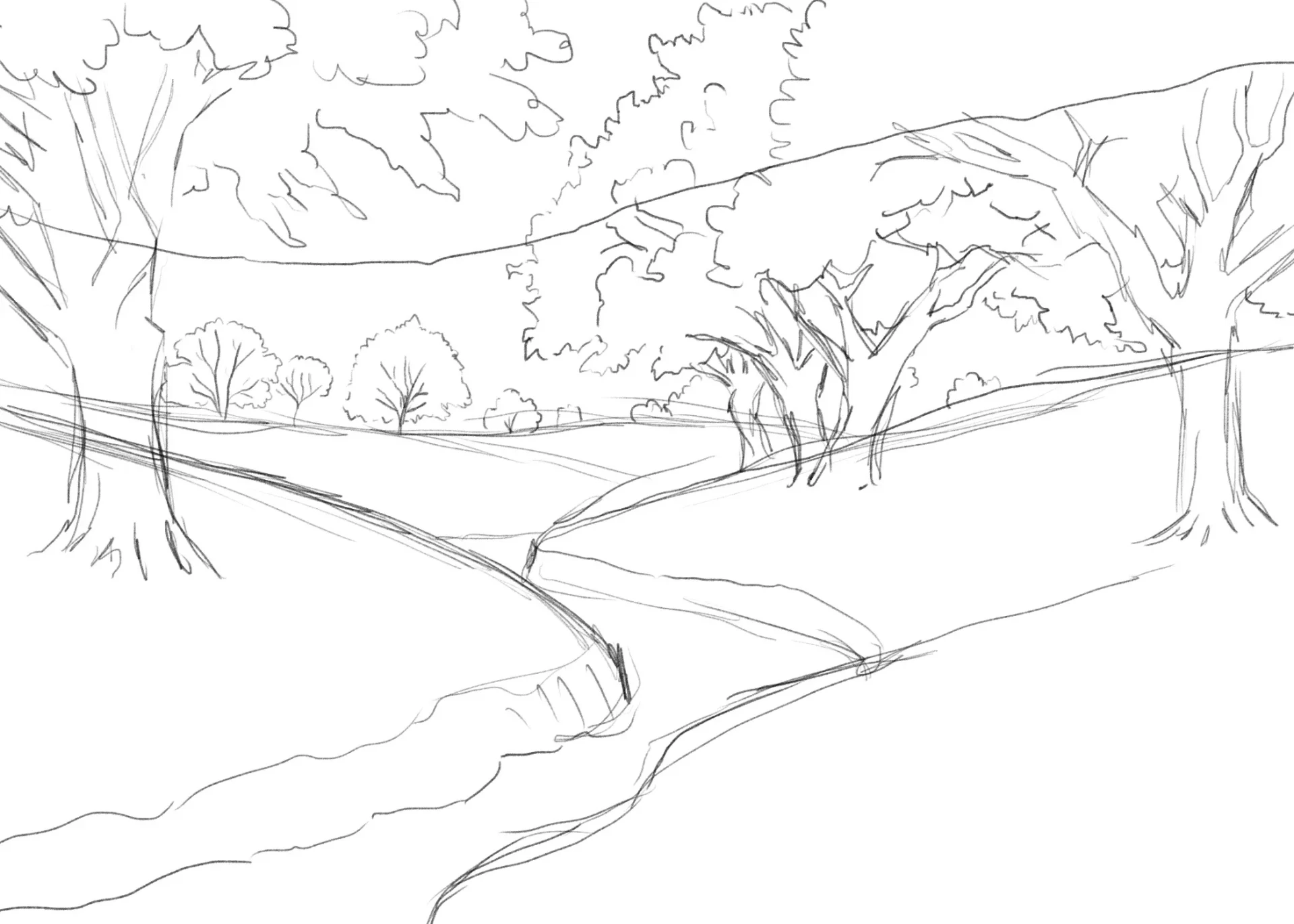 dessiner l’arrière plan d’un paysage printanier