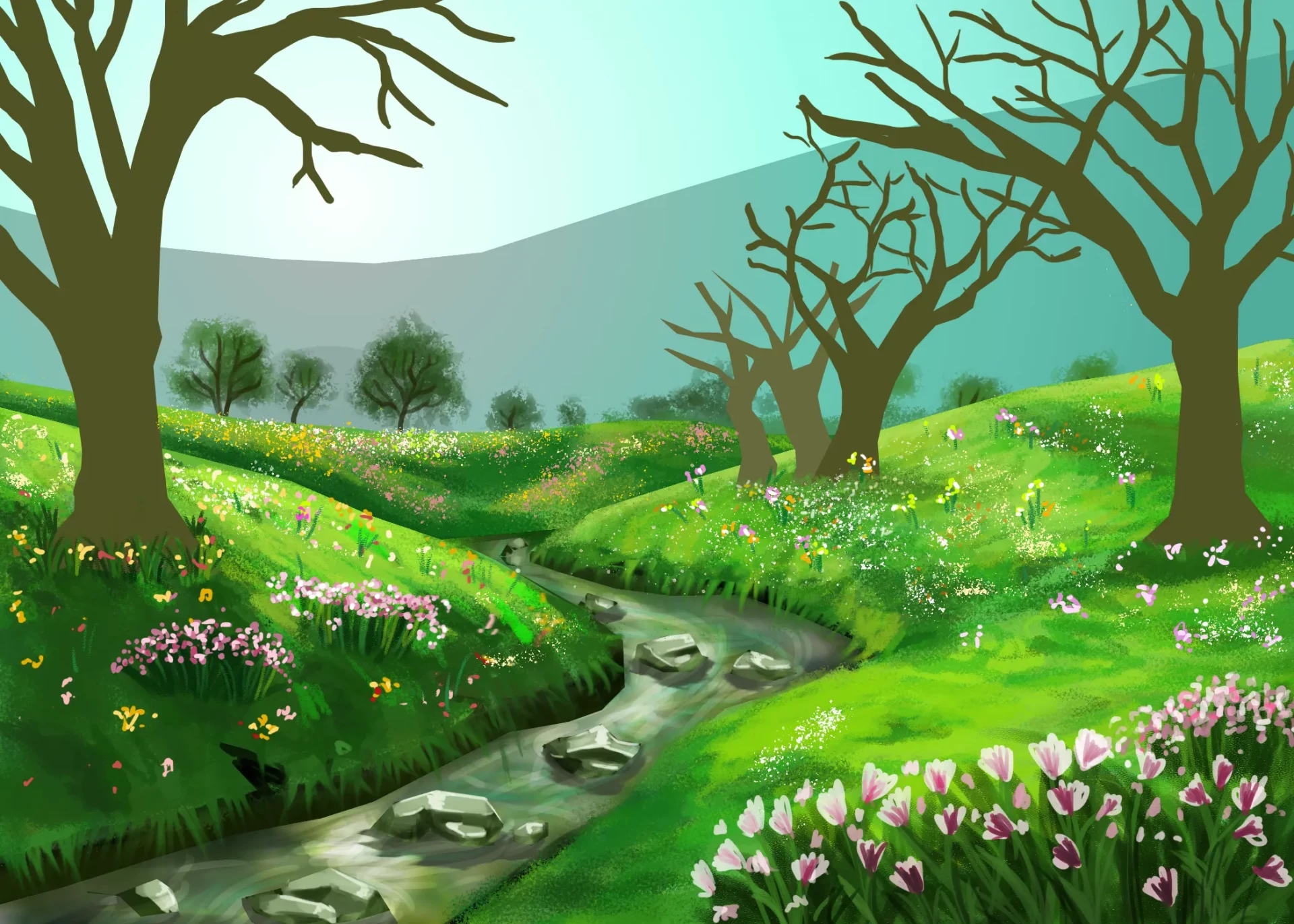 dessiner les fleurs d’un paysage printanier