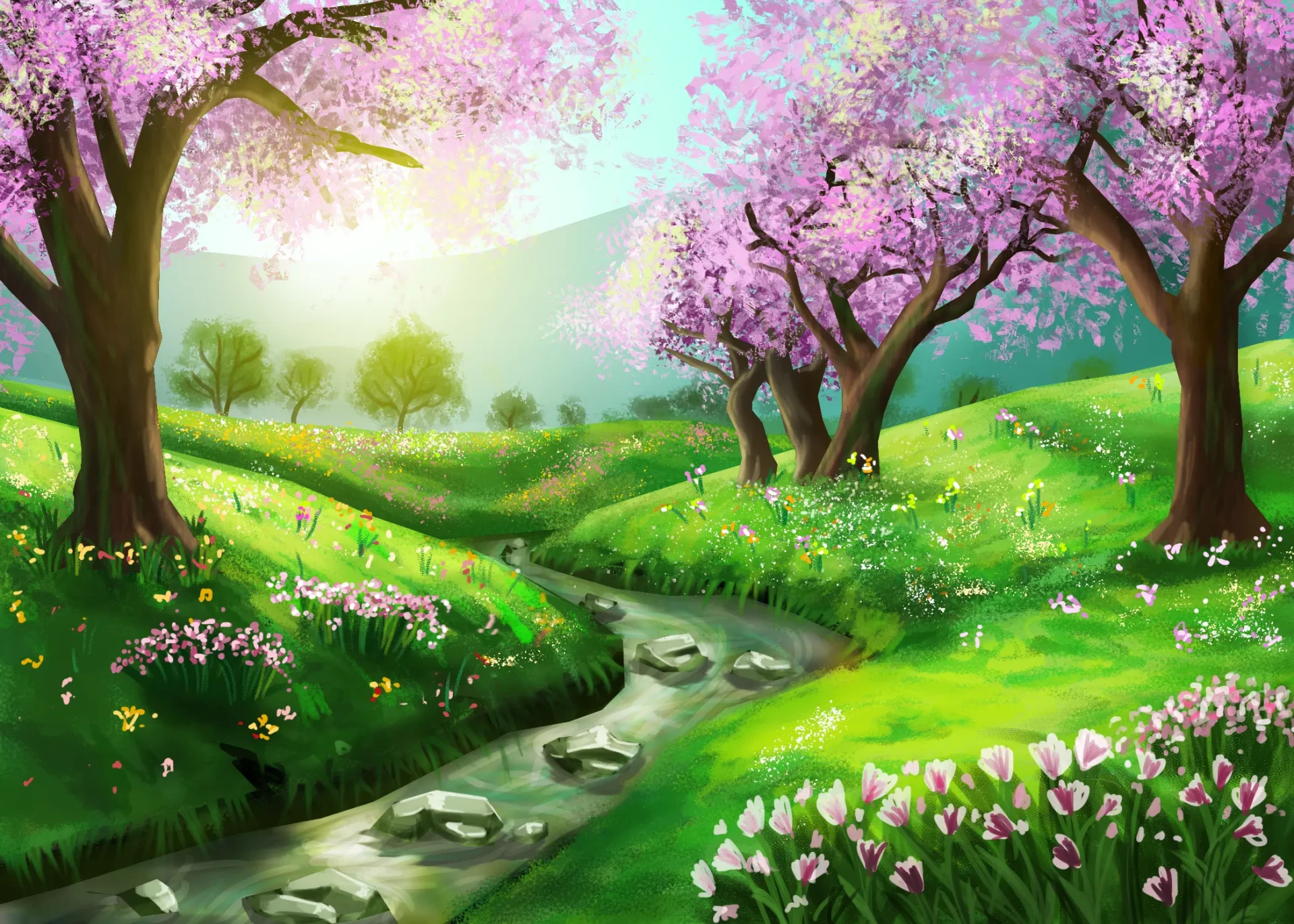 dessin d'un paysage printanier