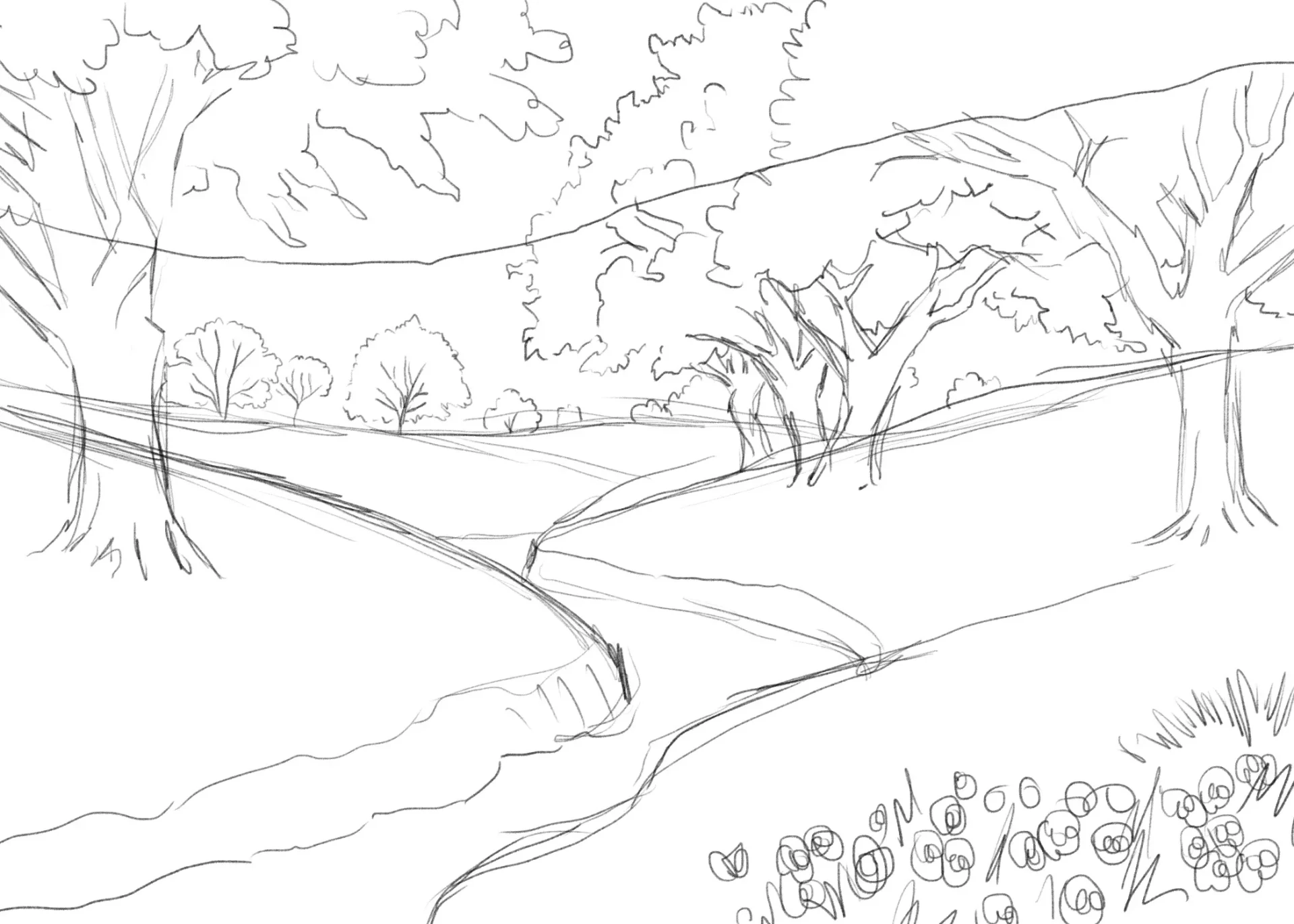 dessiner le premier plan d’un paysage printanier