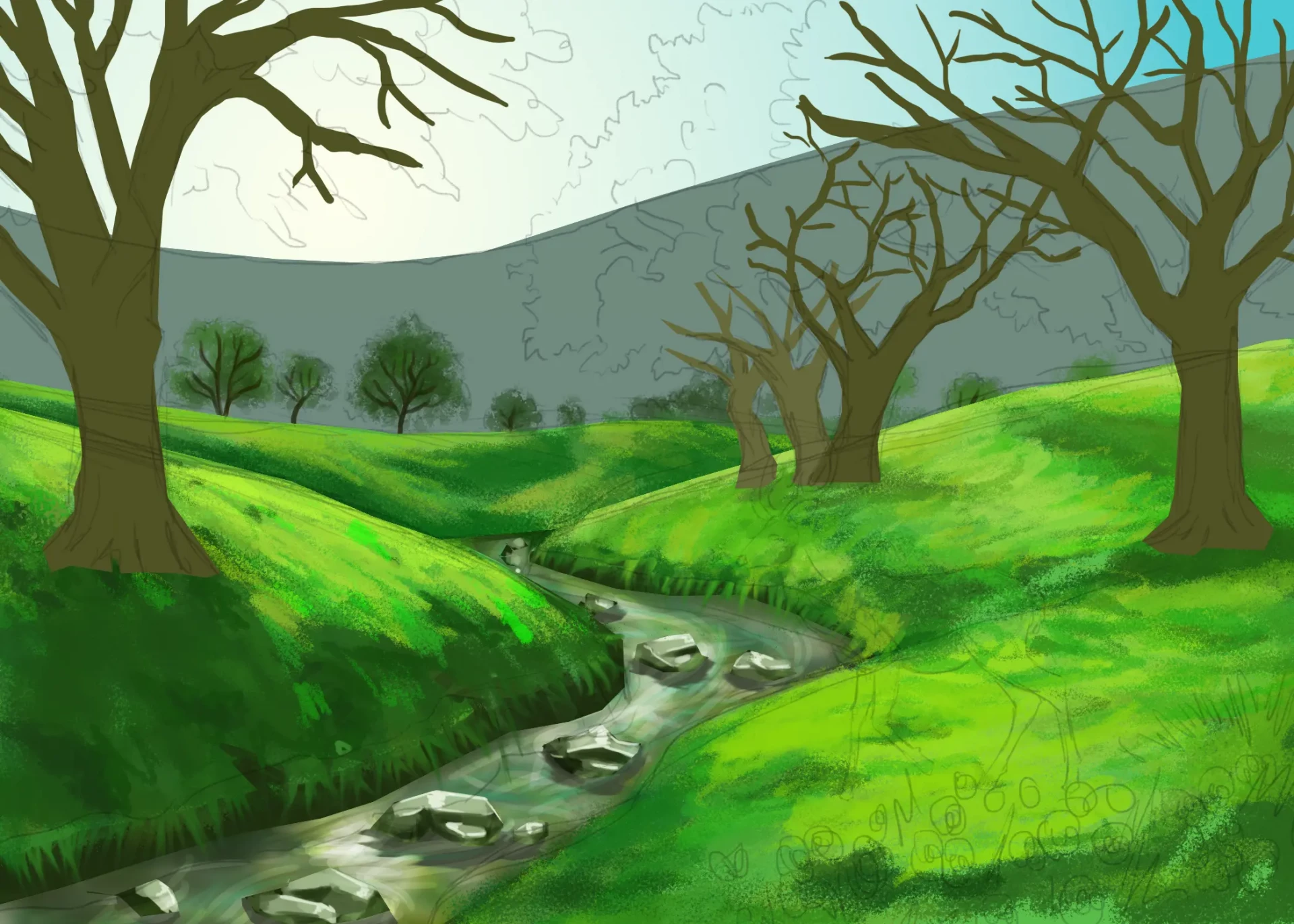 dessiner le ruisseau d’un paysage printanier