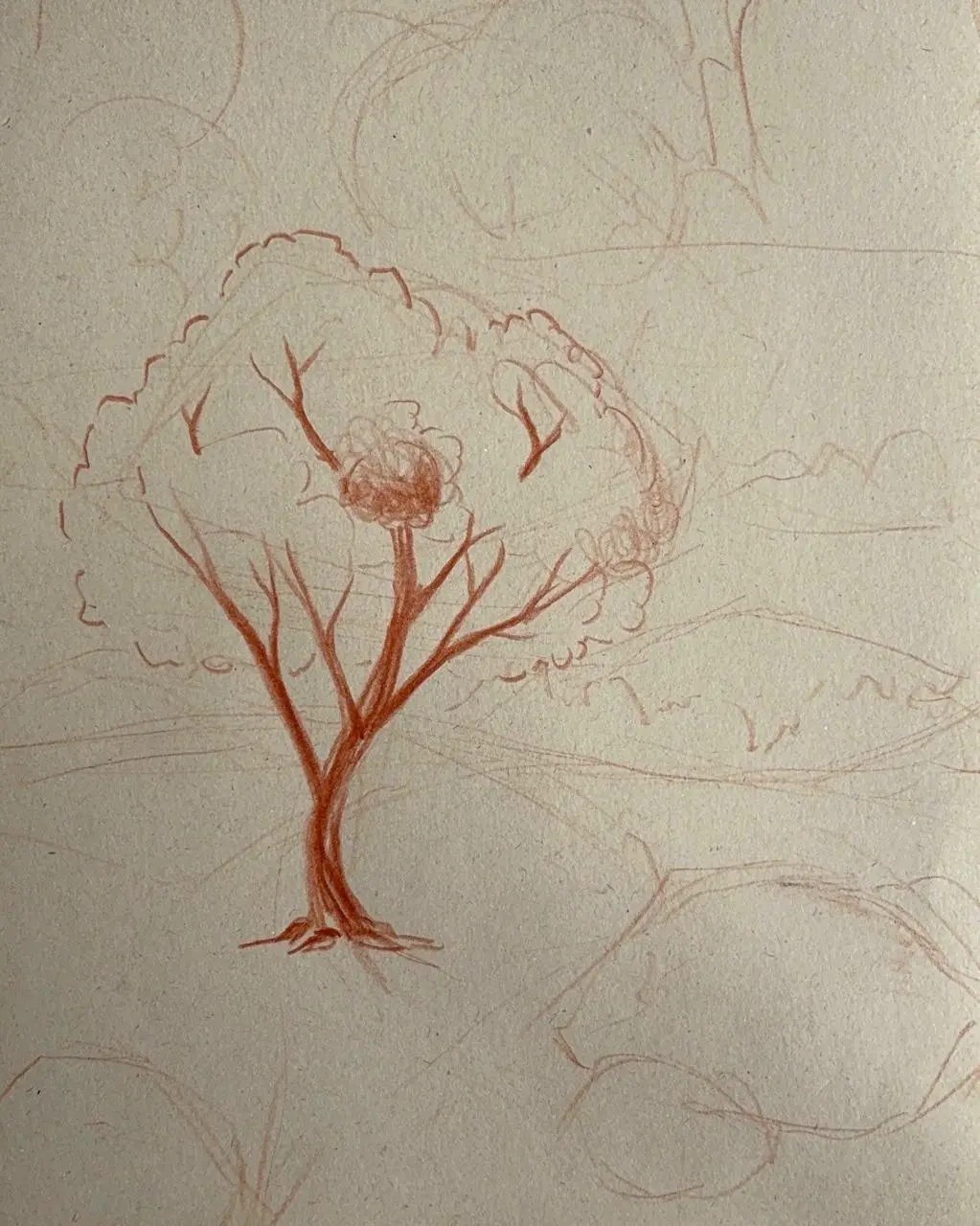 zeichnen Sie einen Baum in einer Landschaft mit Rötel