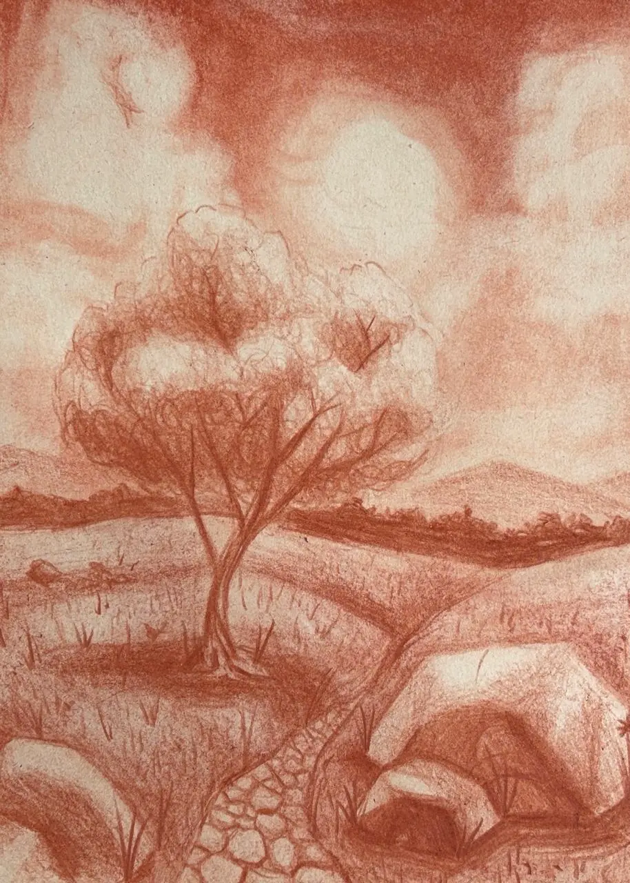 den Himmel einer Landschaft mit Rötel zeichnen