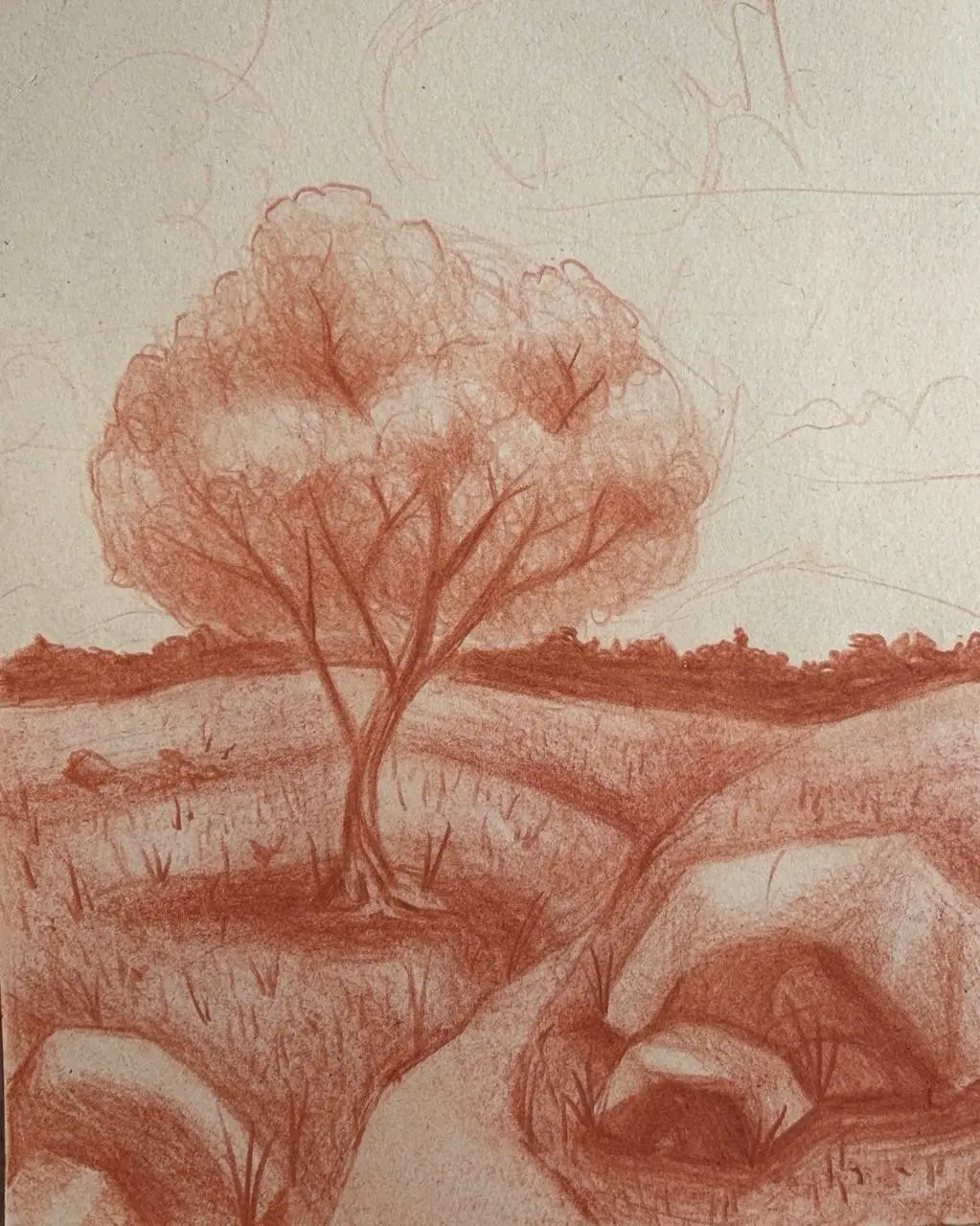 die Details einer Landschaft mit Rötel zeichnen