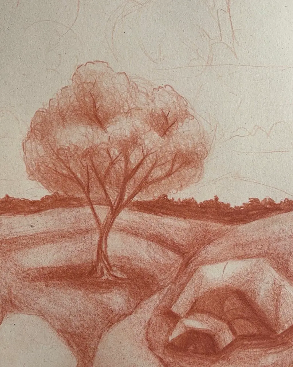 die Schatten einer Landschaft mit Rötel zeichnen