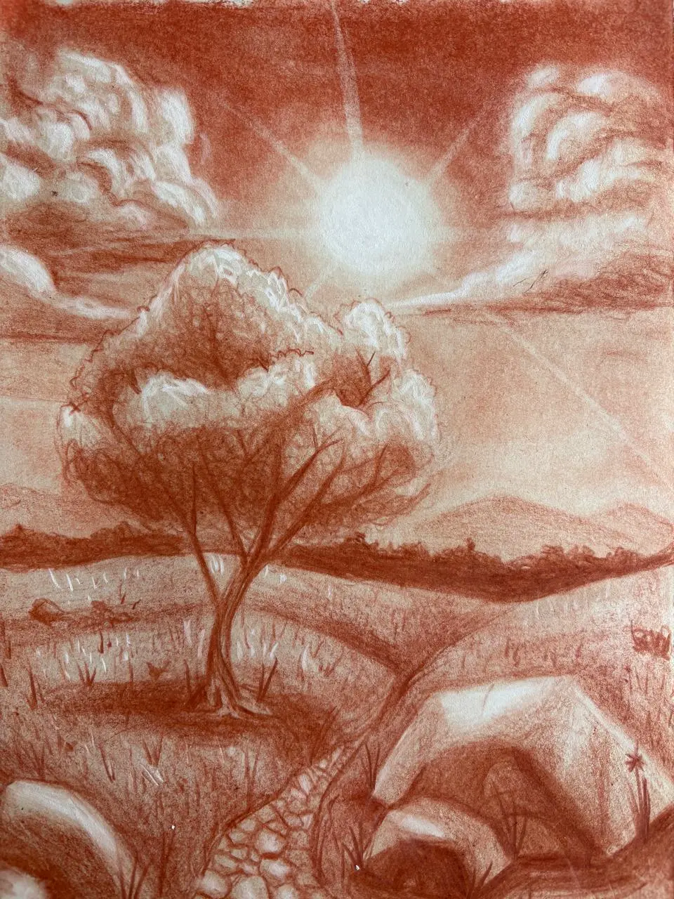 Zeichnung einer Landschaft in Rötel