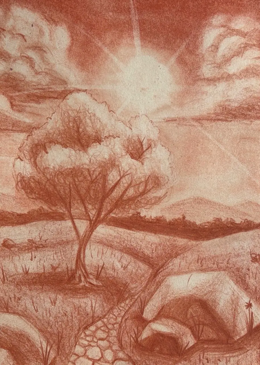 die Sonne einer Landschaft mit Rötelzeichnung malen