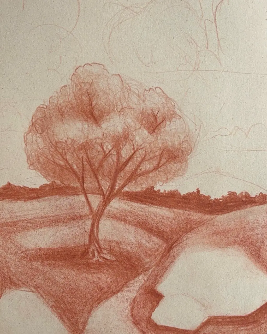 Zeichnen Sie das Volumen einer Landschaft mit Rötel