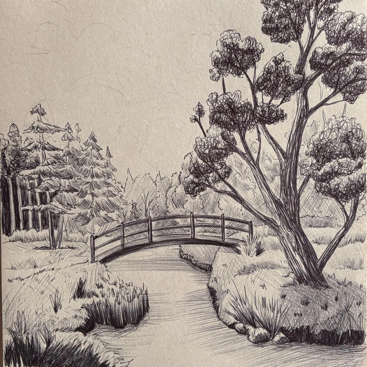 dessin d’un paysage au stylo